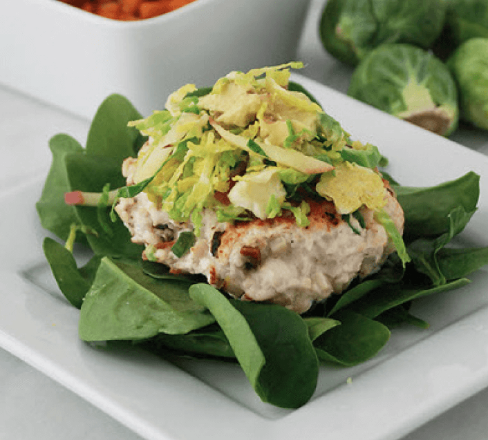 Chicken Bacon Burgers with Brussels Sprout, Apple, Avocado Slaw