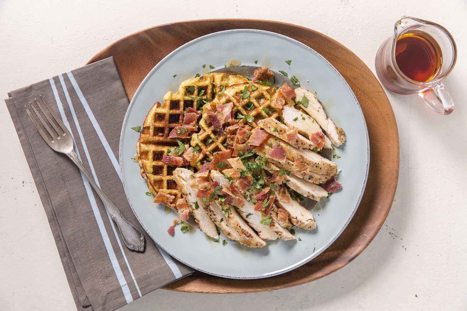 Chicken and Plantain Waffles with Bacon & Arugula Side Salad
